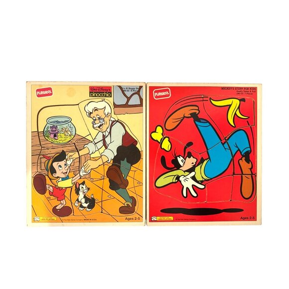 Vintage Wooden Playskool Puzzle Disney Pinocchio It's A Happy Day and Goofy Fall - Picture 1 of 3